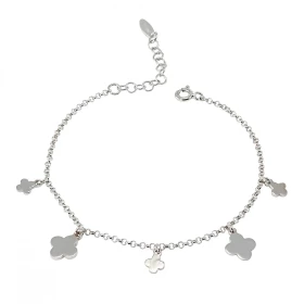 Bracelet argent rhodié composé 3 petites breloques fleurs 5x5mm 2 8x8mm Chaîne maille jaseron 1,7mm large Longueur ajustab...