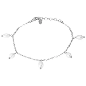 Bracelet argent rhodié composé 5 perles d eau douce 4x6mm Chaîne maille jaseron 1,4mm large Longueur : 16 à 19cm Système d...