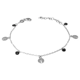 Bracelet argent rhodié composé 3 breloques arbre vie 4 breloques oxyde zirconium noir Chaîne maille forçat : 1,2mm large L...