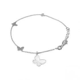 Bracelet argent rhodié composé 3 papillons argent 7x7mm 1 breloque papillon nacre 10x12mm Maille jaseron 1,3mm large Longu...