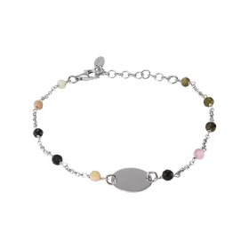  Bracelet arge,t rhodié composé d une plaque à graver 12mm diamètre perles facettées toumaline 3mm large Chaîne maille ron...