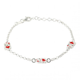  Bracelet Argent enfant ajustable 14 &agrave; 18cm Motifs chat coeur une face &eacute;maill&eacute;e une face argent Large...