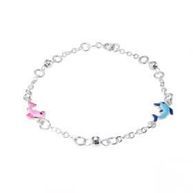 Bracelet enfant argent composé 2 dauphins émail rose bleue 8x10mm 3 boules d argent facettées 4mm diamètre Chaîne 2,4mm la...