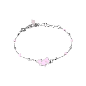 Bracelet enfant argent rhodié composé d un lapin émail rose 8x9mm perles émail rose 2,3mm large Chaîne maille forçat 0,9mm...