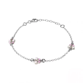 Bracelet enfant argent rhodié composé 3 papillons émail rose blanc 7x5mm Chaîne maille jaseron 1,7mm large Longueur du bra...