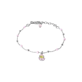 Bracelet argent rhodié composé d un poussin jaune dans un oeuf rose émail perles roses 2,4mm large Chaîne maille forçat 0,...