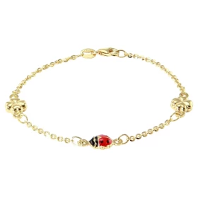  Bracelet enfant or jaune 375 composé 2 trèfles à quatre feuilles 6x6mm une coccinelle émaillée 6x6mm Chaîne maille forçat...