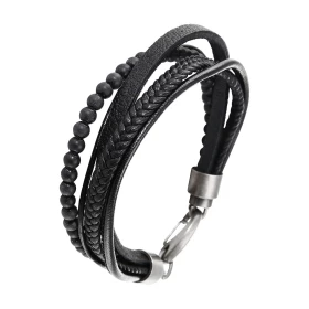  Bracelet homme cuir acier composé 1 lanière cuir tressée, 3 lanières cuir un rang perles acier noir Largeur du bracelet :...