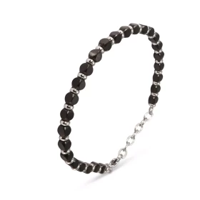 Bracelet acier composé maillons une alternance maillons ronds polis maillons cubiques mats noirs Longueur ajustable 18 à 2...