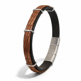 Bracelet croute cuir bovin couleur noir marron agrémenté 4 anneaux acier Largeur : 12mm Longueur 20 ou 21cm
