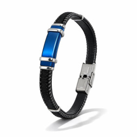 Bracelet matière synthétique, croute cuir bovin couleur noir, gris bleu roi agrémenté 6 anneau acier Largeur : 12mm Longue...
