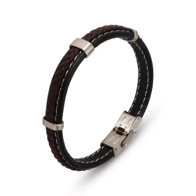 Bracelet Homme Acier Cuir noir composé d une tresse cuir marron 3 anneaux d acier mat Largeur : 10,2mm Longueur : 20cm