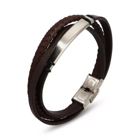 Bracelet Homme Acier cuir marron 3 rangs composé d une plaque acier mat 7x33mm, 2 anneaux acier 4 caoutchouc Largeur 15mm ...