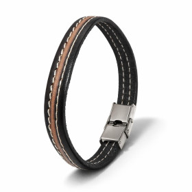 Bracelet croute cuir bovin couleur noir beige 2 coutures écrues Largeur : 10mm Longueur : 21cm