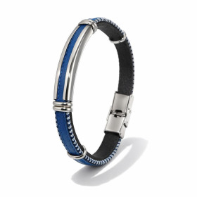 Bracelet croute cuir bovin couleur noire bleu plaque acier sur le dessus Largeur : 10mm Longueur : 21cm