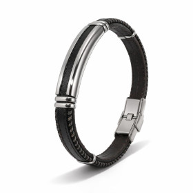 Bracelet croute cuir bovin couleur noir gris plaque acier sur le dessus Largeur : 10mm Longueur : 21cm