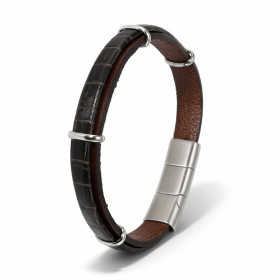 Bracelet croute cuir bovin couleur noir marron agrémenté 4 anneaux acier Largeur : 12mm Longueur 20 ou 21cm