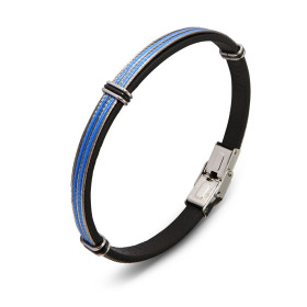  Bracelet homme matière synthétique noire 3 fils d acier gris 2 fils d acier bleu, 6 anneaux acier gris 3 anneaux acier no...