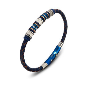  Bracelet homme matière synthétique bleue tressée composé 3 cylindres crantés, 2 cylindres bleus entourés d oxydes zirconi...