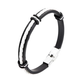 Bracelet homme caoutchouc noir composé d une tresse cuir grise blanche 3 barettes acier stoppées par des anneaux caoutchou...