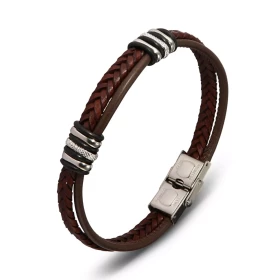 Bracelet homme cuir marron une lanière lisse une lanière tressée, 4 anneaux acier gris, 2 anneaux acier texturés 8 caoutch...