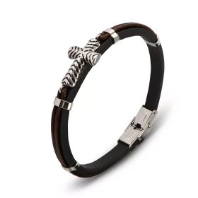 Bracelet homme cuir noir marron composé 4 motifs acier une croix acier 15x23mm Largeur du bracelet : 6 à 15mm Longueur : 2...