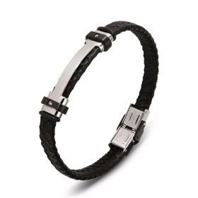 Bracelet homme cuir noir tressé composé d une plaque grise noire 12x40mm 2 oxydes zirconium, 2 caoutchouc Largeur du brace...