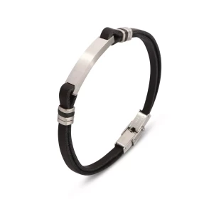 Un bracelet élégant cuir noir une plaque centrale acier inoxydable des détails argentés, fermé par une boucle déployante.