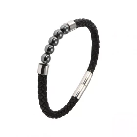 Bracelet Homme Cuir Noir Hematite Bracelet cuir 5 boules d hématite 6mm Largeur du bracelet : 7mm Longuer du bracelet : 20cm