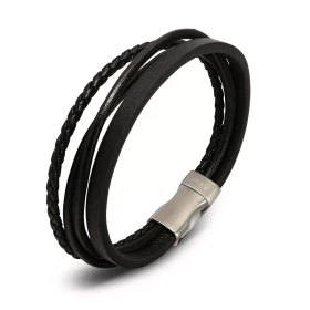 Bracelet homme cuir noir composé 2 lanières cuir lisses, 1 lanière tressée une lanière plate Largeur du bracelet : 14mm Lo...