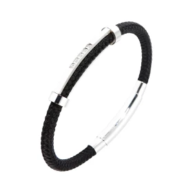 Bracelet homme tissus noir tressé composé d un motif cylindrique 8x40mm serti 5 oxydes zirconium Largeur du bracelet : 5 à...