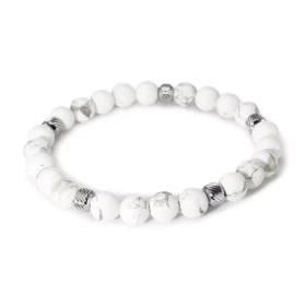 Bracelet Homme Howlite 8mm billes striées acier Ce Bracelet est composé perles 8mm perles striées acier Il est monté sur f...