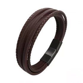 Bracelet Homme Multi-rangs Cuir Marron Acier Bracelet composé quatre lanières rectangulaires deux lanières tressées Le bra...