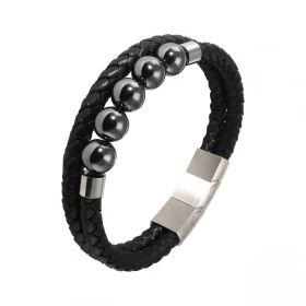  Bracelet Homme Multi-rangs Cuir Marron Hématite Bracelet cuir 5 boules dde 10mm Largeur du bracelet : 13 à 18mm Convient ...