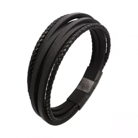 Bracelet Homme Multi-rangs Cuir Noir Acier Bracelet composé quatre lanières rectangulaires deux lanières tressées Le brace...