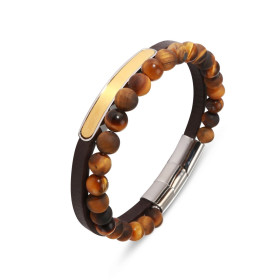 Bracelet matière synthétique un rang perles oeil tigre une plaque métallique dorée éclatante son centre Longueur ajustable...