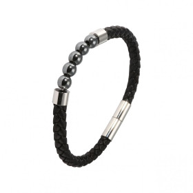 Bracelet Homme Similicuir Noir Hematite Bracelet similicuir 5 boules d hématite 6mm Largeur du bracelet : 7mm Longuer du b...