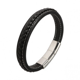 Bracelet Homme Similicuir Tressé Noir Acier Fermoir magnétique acier Largeur du bracelet : 13mm Convient à tous les poigne...