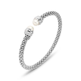 Bracelet jonc argent rhodié 925 composé d une maille fantaisie, 2 perles culture d oydes zirconium Section ronde 4,4mm lar...