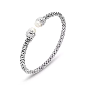 Bracelet jonc argent rhodié 925 composé d une maille fantaisie, 2 perles d oydes zirconium Section ronde 4,4mm large Jonc ...
