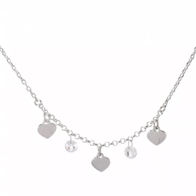 Collier argent rhodié composé 3 breloques coeur 2 breloques oxydes zirconium Chaîne maille forçat 1,3mm large Longueur aju...