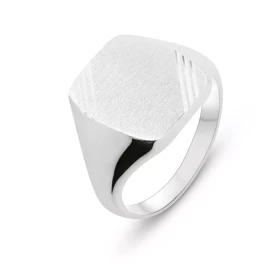  Bague Argent 925 type Chevalière pour Homme Plateau forme coussin 16 x 12 mm finition satinée 6 rainures diamantées Gravu...