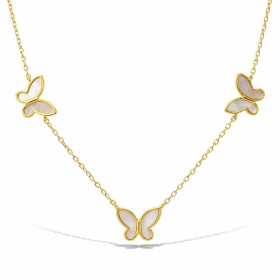Collier argent 925 doré composé 3 papillons nacre blanche Chaîne maille forçat 1,3mm large Longueur ajustable 41 à 45cm Sy...
