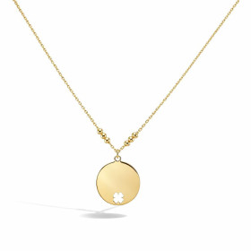 Collier argent 925 doré composé d une plaque ronde 14mm diamètre ajourée d un trefle porte bonheur 6 perles argent doré 2m...