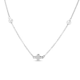  Collier argent rhodié composé 2 perles d imitation 4,4mm diamètre 3 motifs floraux 6mm large Chaîne maille jaseron 1,4mm ...
