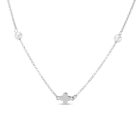Collier argent rhodié composé 2 perles 4,4mm diamètre 3 motifs floraux 6mm large Chaîne maille jaseron 1,4mm large Longueu...