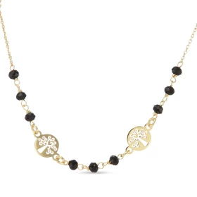 Collier argent doré composé 2 arbres vie dans des cercles 8mm diamètre 9 pierres noires 3mm large Chaîne maille forçat 1mm...