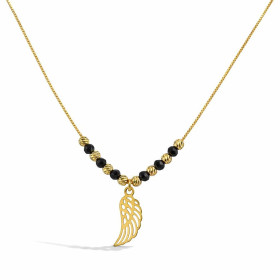 Collier argent 925 doré composé d une aile 6x15mm, 8 perles ciselées, 6 perles noires facetées Chaîne maille vénitienne 0,...
