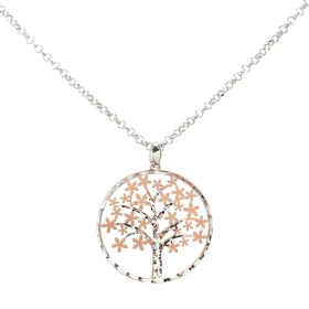 Collier argent rhodié composé d un arbre vie dans un cercle 26mm diamètre Feuilles forme fleur argent flashé or rose satin...