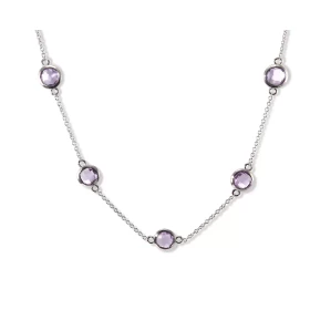 Collier Argent Rhodié 925 serti 5 améthystes rondes facettées 6mm diamètre Chaîne maille forçat ronde 1,4mm large Largeur ...